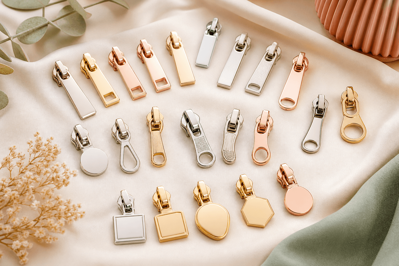 Standard, functional, and custom zipper pullers in multiple metallic finishes